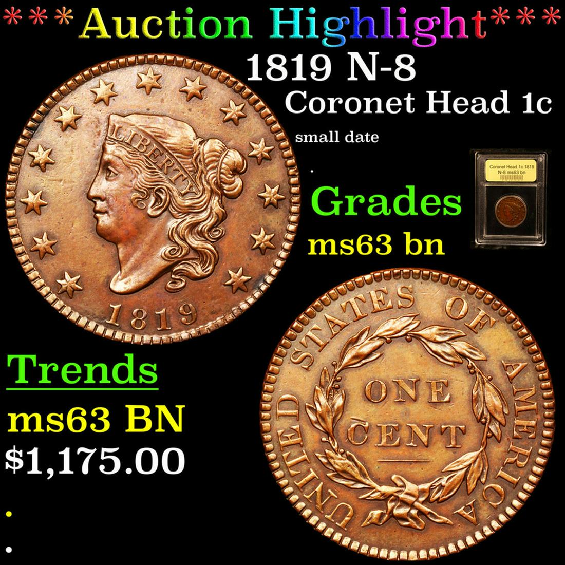 ***Auction Highlight*** 1819 Coronet Head Large Cent N-8 1c Graded Select Unc BN By USCG (fc) (1 of 5)
