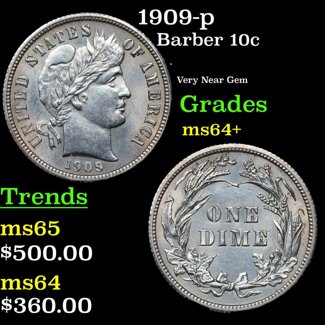 1909-p Barber Dime 10c Grades Choice+ Unc: 1909-p Barber Dime 10c Grades Choice+ Unc.