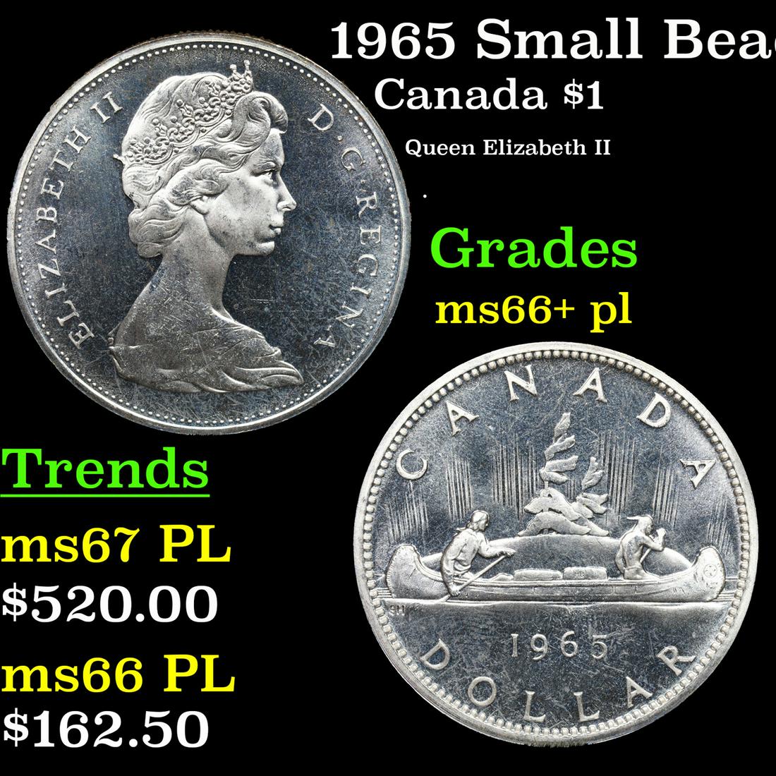 1965 Small Beads, Pointed 5 Canada Dollar $1 Grades GEM++ PL (1 of 3)