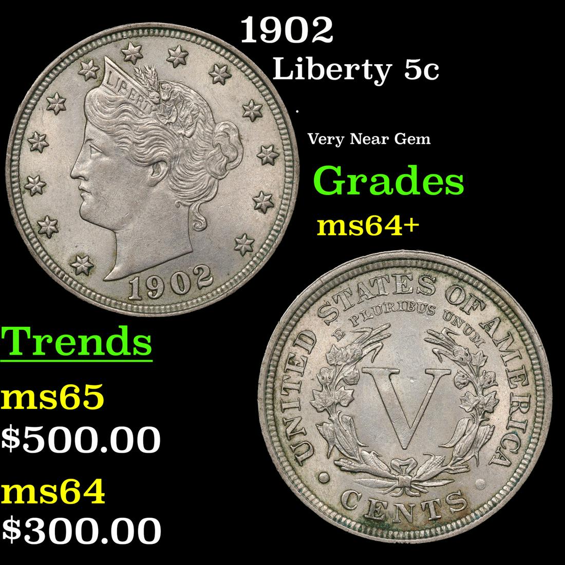 1902 Liberty Nickel 5c Grades Choice+ Unc (1 of 3)