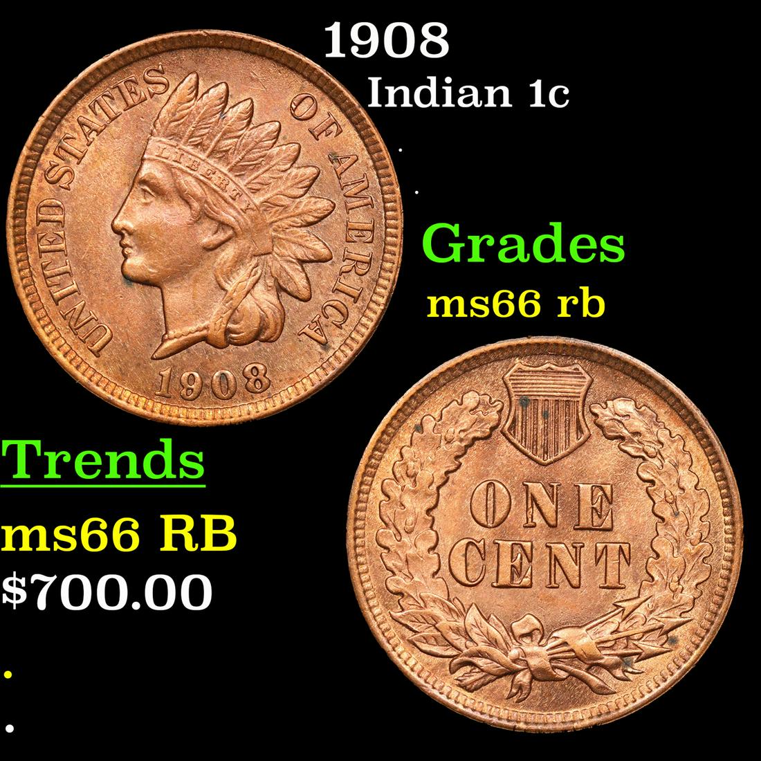 1908 Indian Cent 1c Grades GEM+ Unc RB (1 of 3)