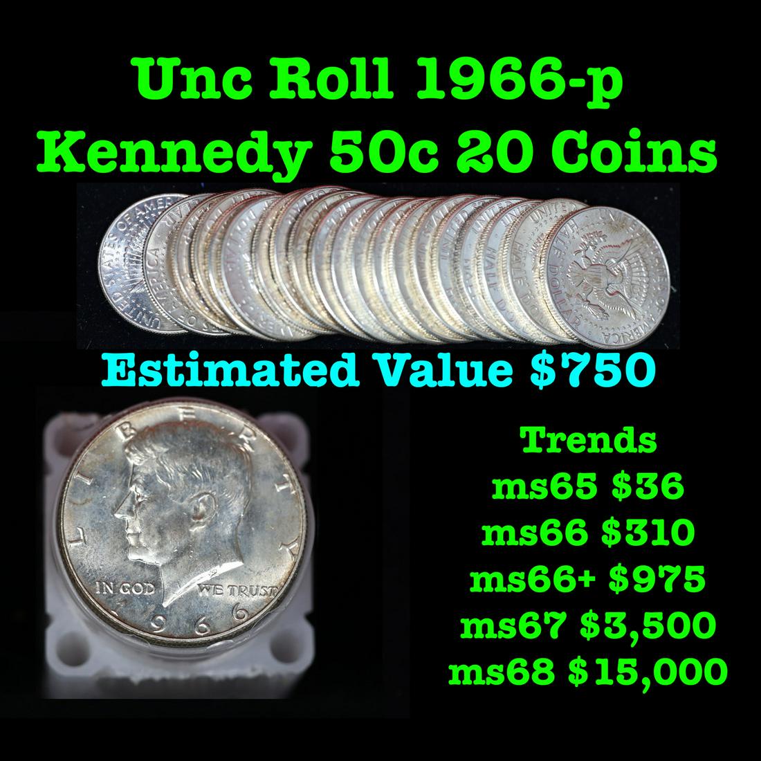 Full roll 1966-p Silver Clad Kennedy 50c, 20 Coins total Kennedy Half Dollar 50c (1 of 3)