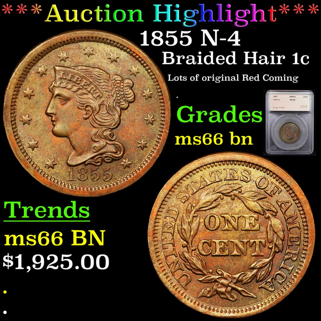 ***Auction Highlight*** 1855 Braided Hair Large Cent N-4 1c Graded ms66 bn By SEGS (fc) (1 of 5)