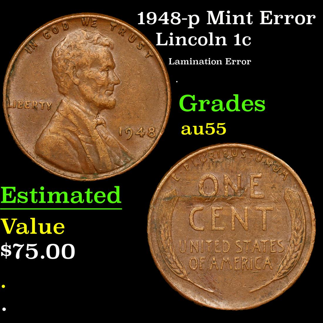 1948-p Lincoln Cent Mint Error 1c Grades Choice AU (1 of 3)
