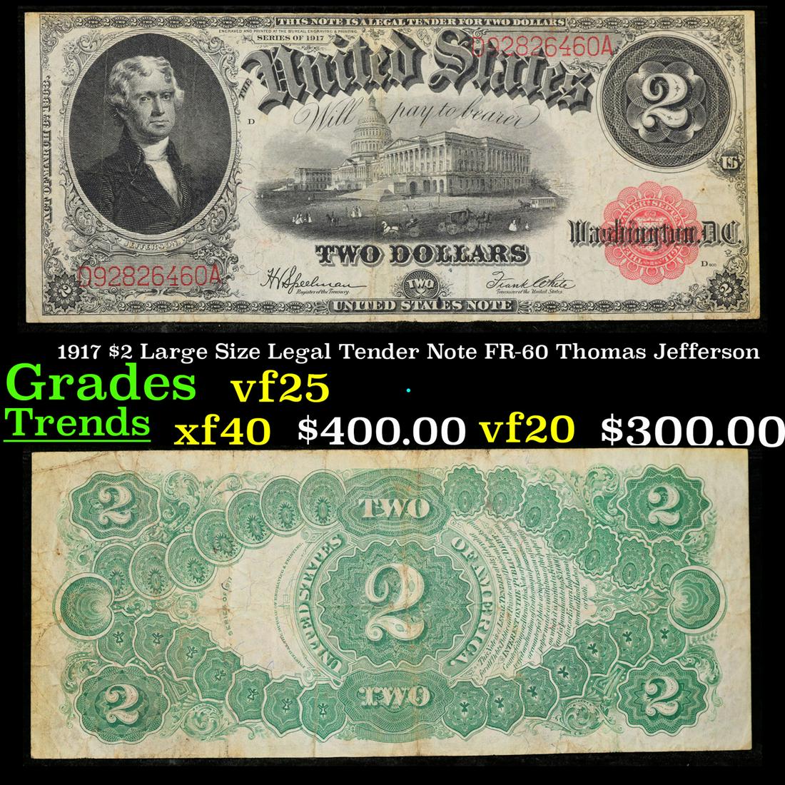 1917 $2 Large Size Legal Tender Note FR-60 Thomas Jefferson Grades vf+ (1 of 3)