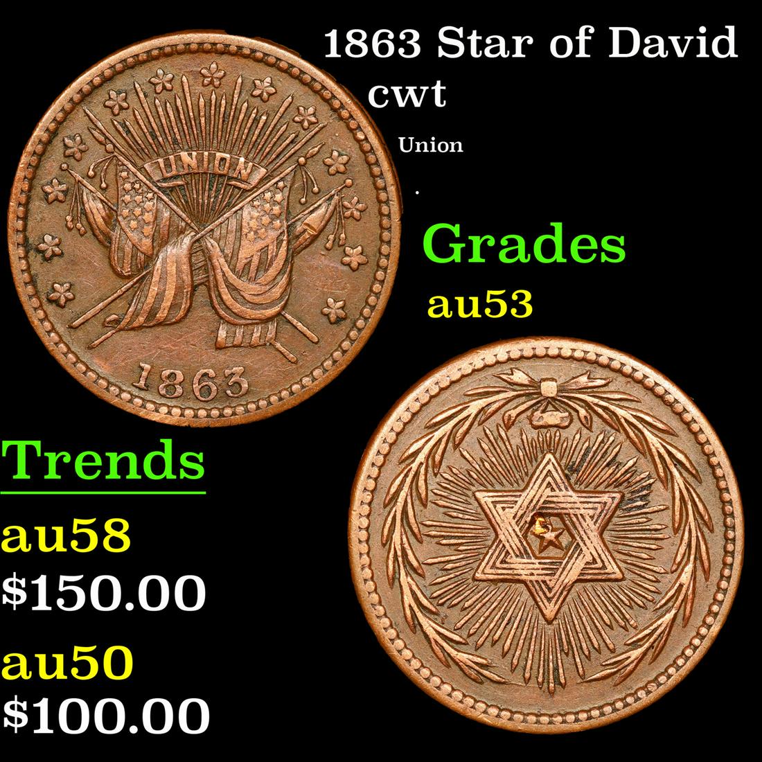 1863 Star of David Civil War Token 1c Grades Select AU (1 of 3)