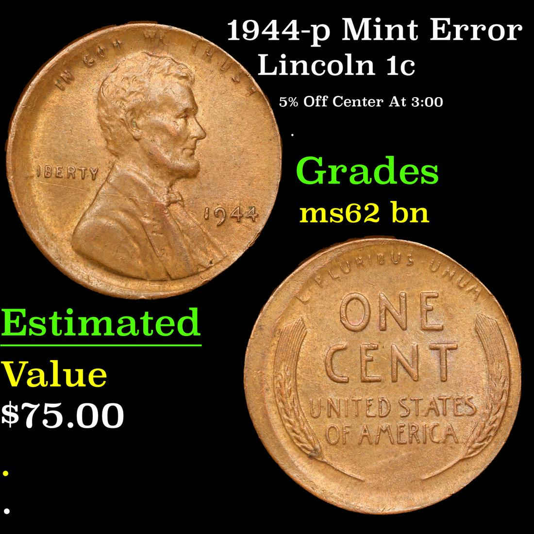 1944-p Lincoln Cent Mint Error 1c Grades Select Unc BN (1 of 3)