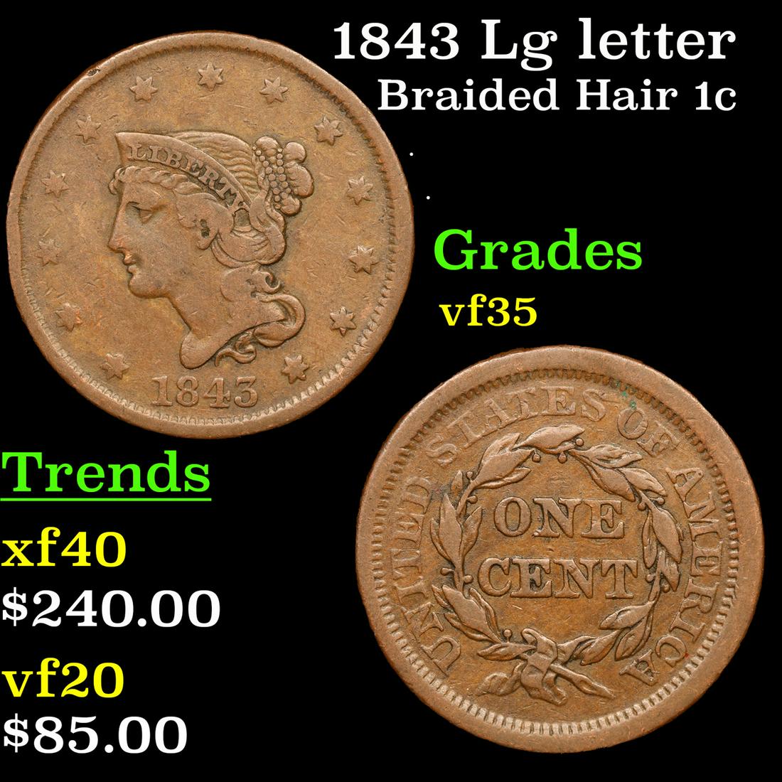 1843 Lg letter Braided Hair Large Cent 1c Grades vf++ (1 of 3)