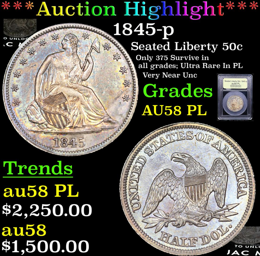 ***Auction Highlight*** 1845-p Seated Half Dollar 50c Graded Choice AU/BU Slider PL by USCG (fc) (1 of 7)