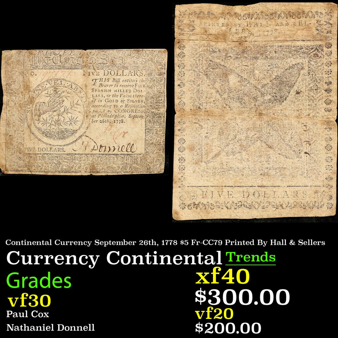 Continental Currency September 26th, 1778 $5 Fr-CC79 Printed By Hall & Sellers Grades vf++ (1 of 3)
