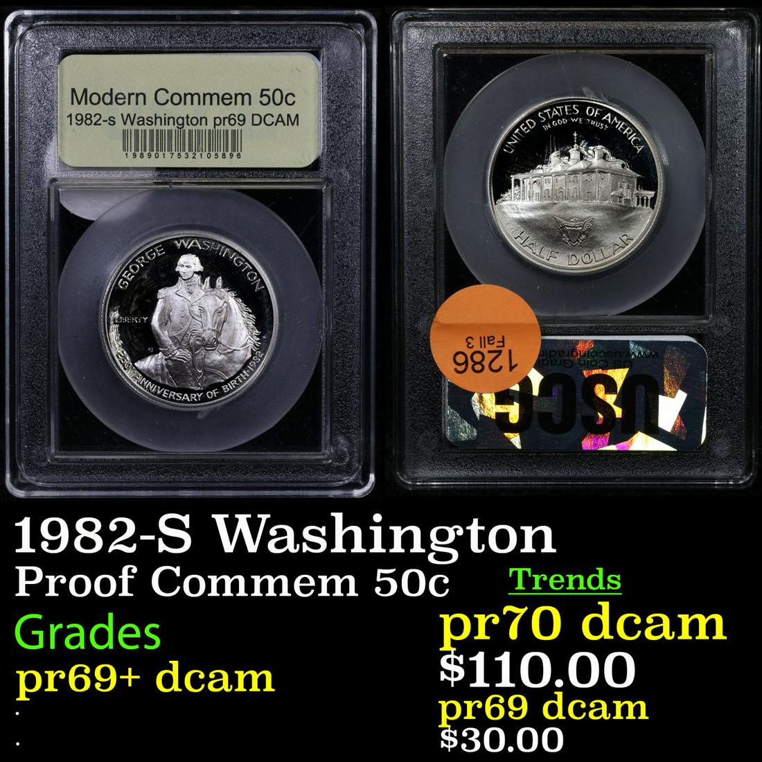 Proof 1982-S Washington Modern Commem Half Dollar 50c Graded GEM++ Proof Deep Cameo By USCG (1 of 3)