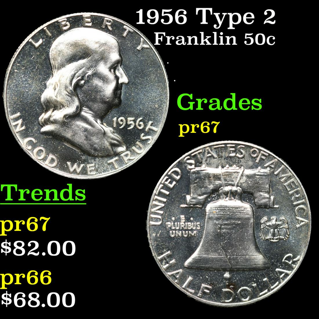 Proof 1956 Type 2 Franklin Half Dollar 50c Grades GEM++ Proof (1 of 3)