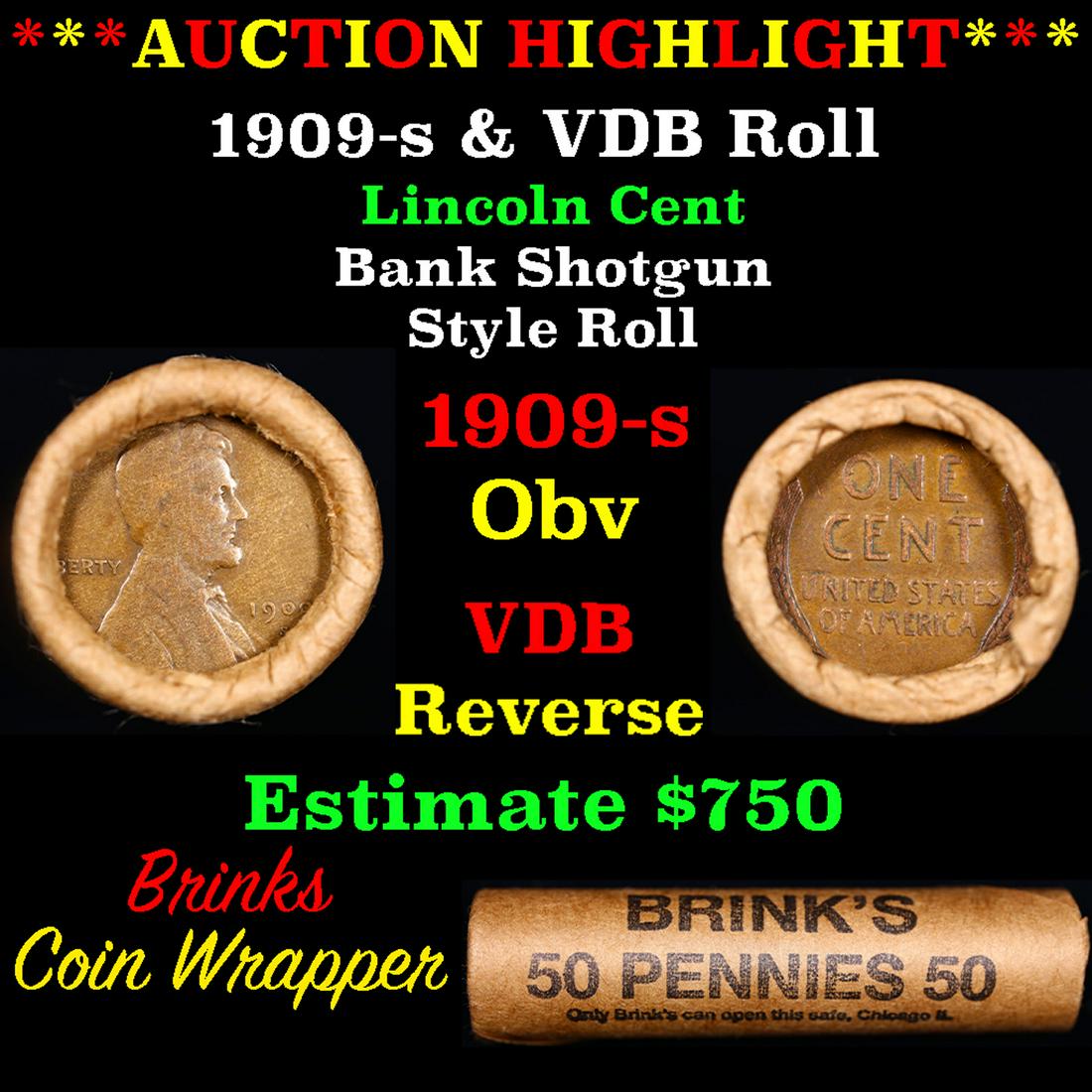 ***Auction Highlight*** Lincoln Wheat cent 1c orig roll, 1909-s end, VDB other end (fc): ***Auction Highlight*** Lincoln Wheat cent 1c orig roll, 1909-s end, VDB other end. Lincoln Wheat cent 1c original Shotgun Roll, 1909-s on one end, VDB reverse on the other. The roll is held in a Rare