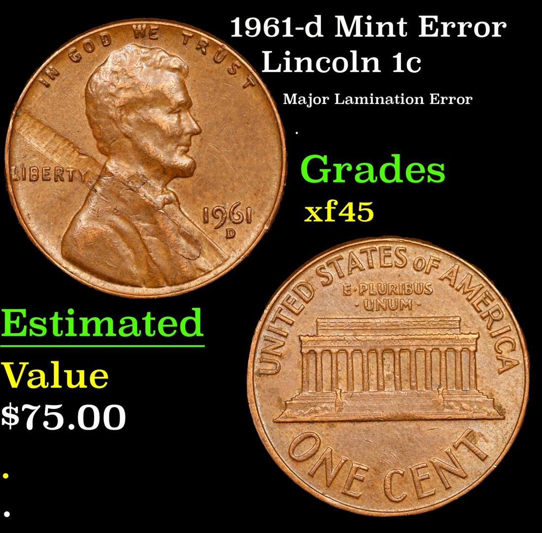 1961-d Lincoln Cent Mint Error 1c Grades xf+ (1 of 1)