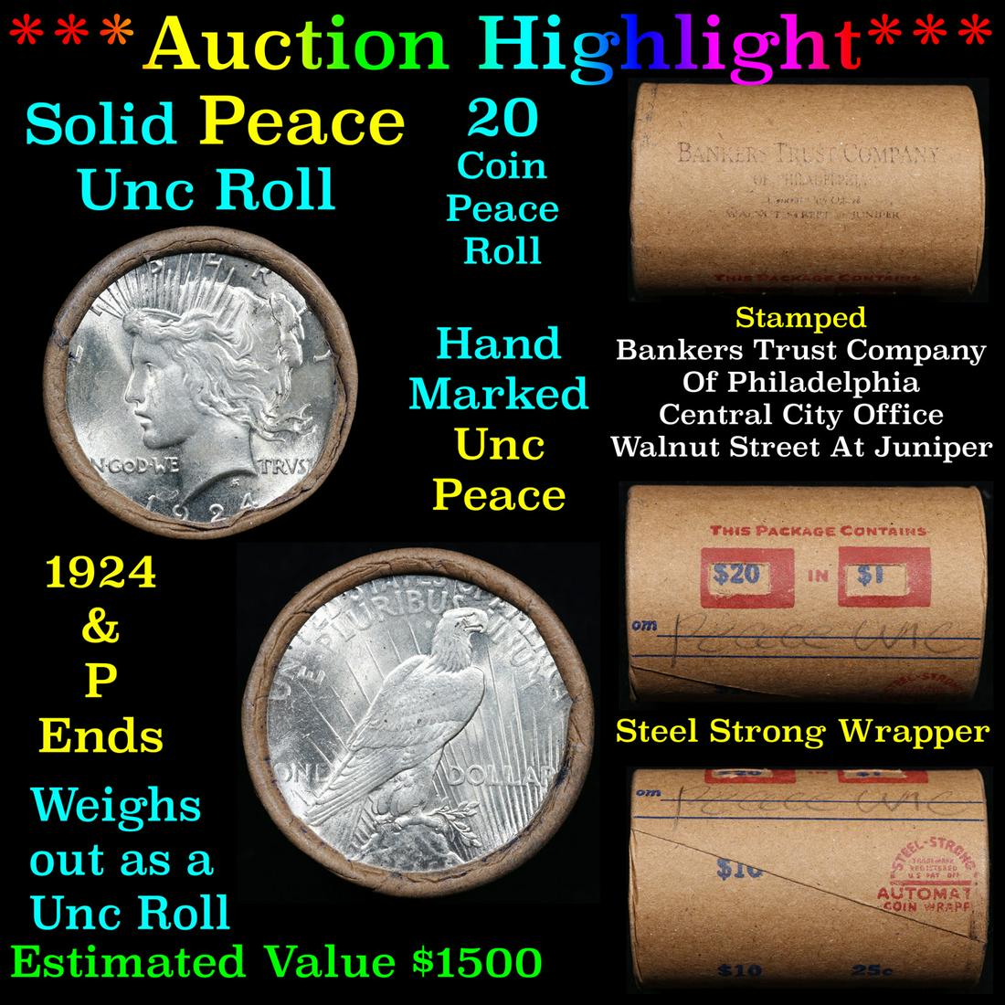 ***Auction Highlight*** Solid Uncirculated Peace silver dollar roll 1924 & P Ends, 20 coins (fc) (1 of 6)