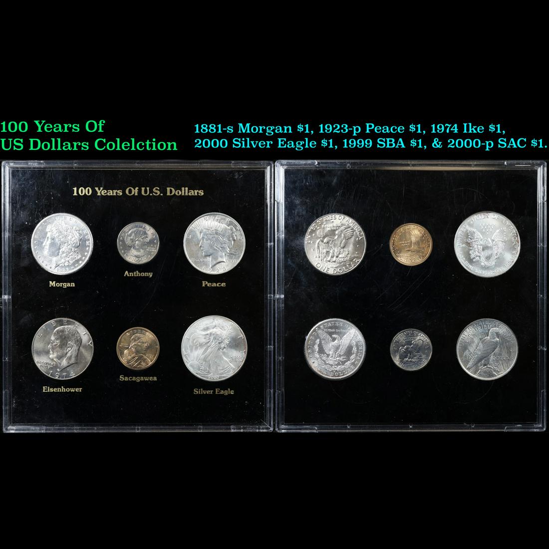 100 Years Of US Dollars Colelction 1881-s Morgan, 1923-p Peace, 1974 Ike, 2000 Silver Eagle, 1999: 100 Years Of US Dollars Colelction 1881-s Morgan, 1923-p Peace, 1974 Ike, 2000 Silver Eagle, 1999 SBA, & 2000-p SAC $1.