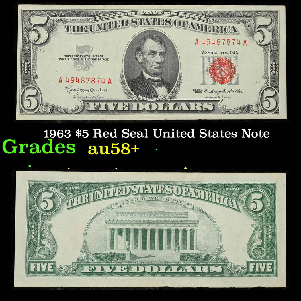 1963 $5 Red Seal United States Note Grades Choice Au/bu Slider+