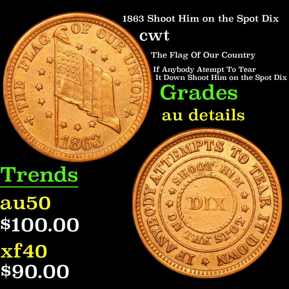 1863 Shoot Him on the Spot Dix Civil War Token 1c Grades AU Details: 1863 Shoot Him on the Spot Dix Civil War Token 1c Grades AU Details.