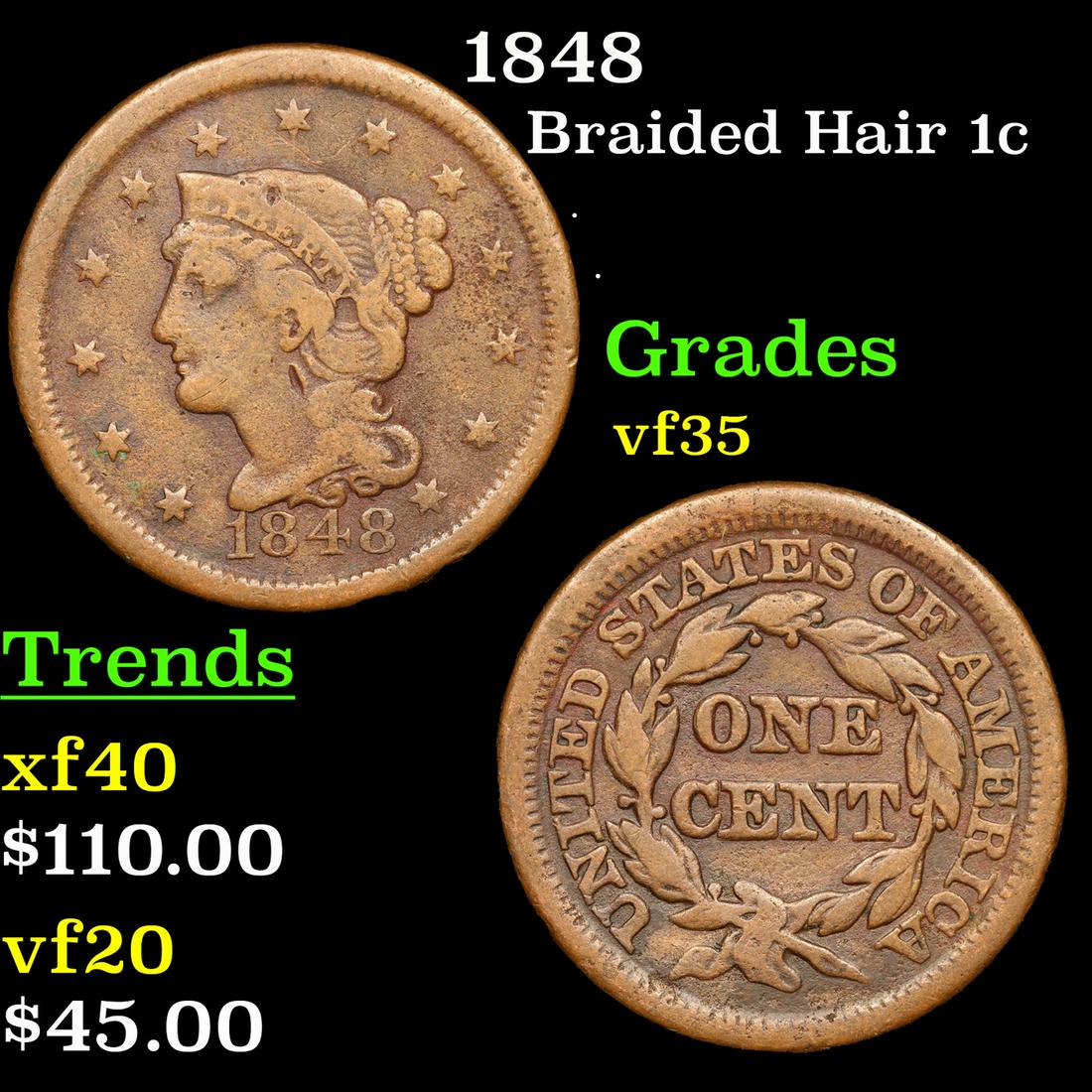 1848 Braided Hair Large Cent 1c Grades vf++ (1 of 3)