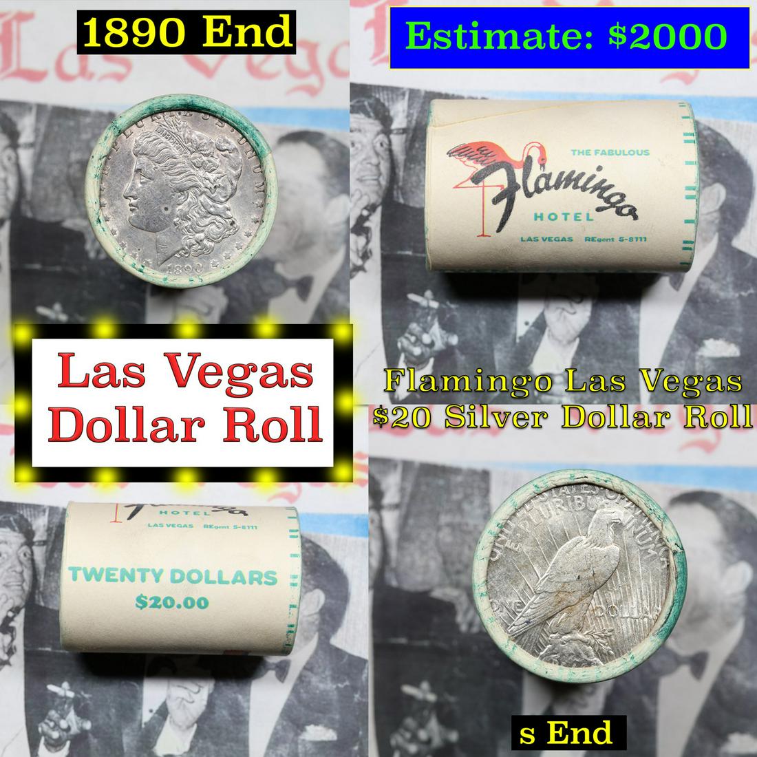 ***Auction Highlight*** Full Morgan/Peace Casino Las Vegas Flamingo silver $1 roll $20, 1890 & S end: ***Auction Highlight*** Full Morgan/Peace Casino Las Vegas Flamingo silver $1 roll $20, 1890 & S end. This roll is held in an old casino wrapper from Las Vegas. This roll contains 20 Morgan and/or Pea