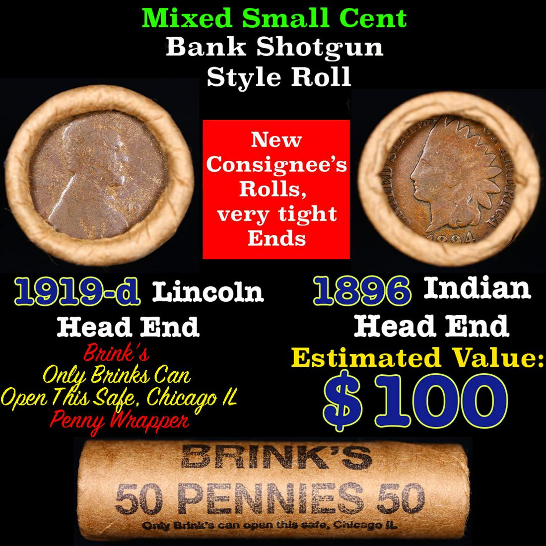 Mixed small cents 1c orig shotgun roll, 1925-s Wheat Cent, 1862 Indian Cent other end, brinks (1 of 4)