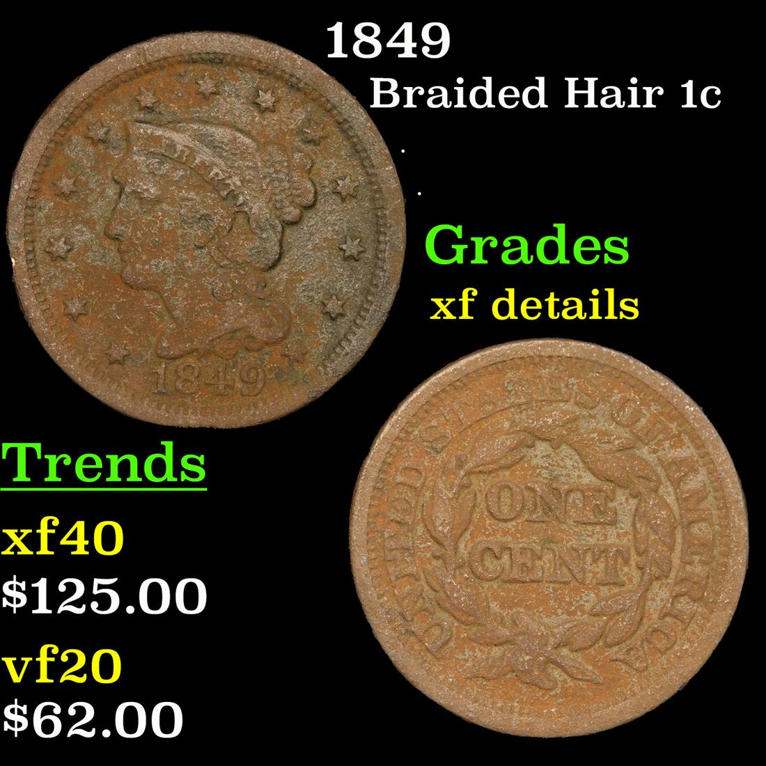 1849 Braided Hair Large Cent 1c Grades xf details (1 of 3)