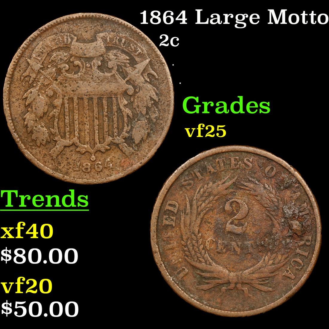 1864 Large Motto Two Cent Piece 2c Grades vf+ (1 of 3)