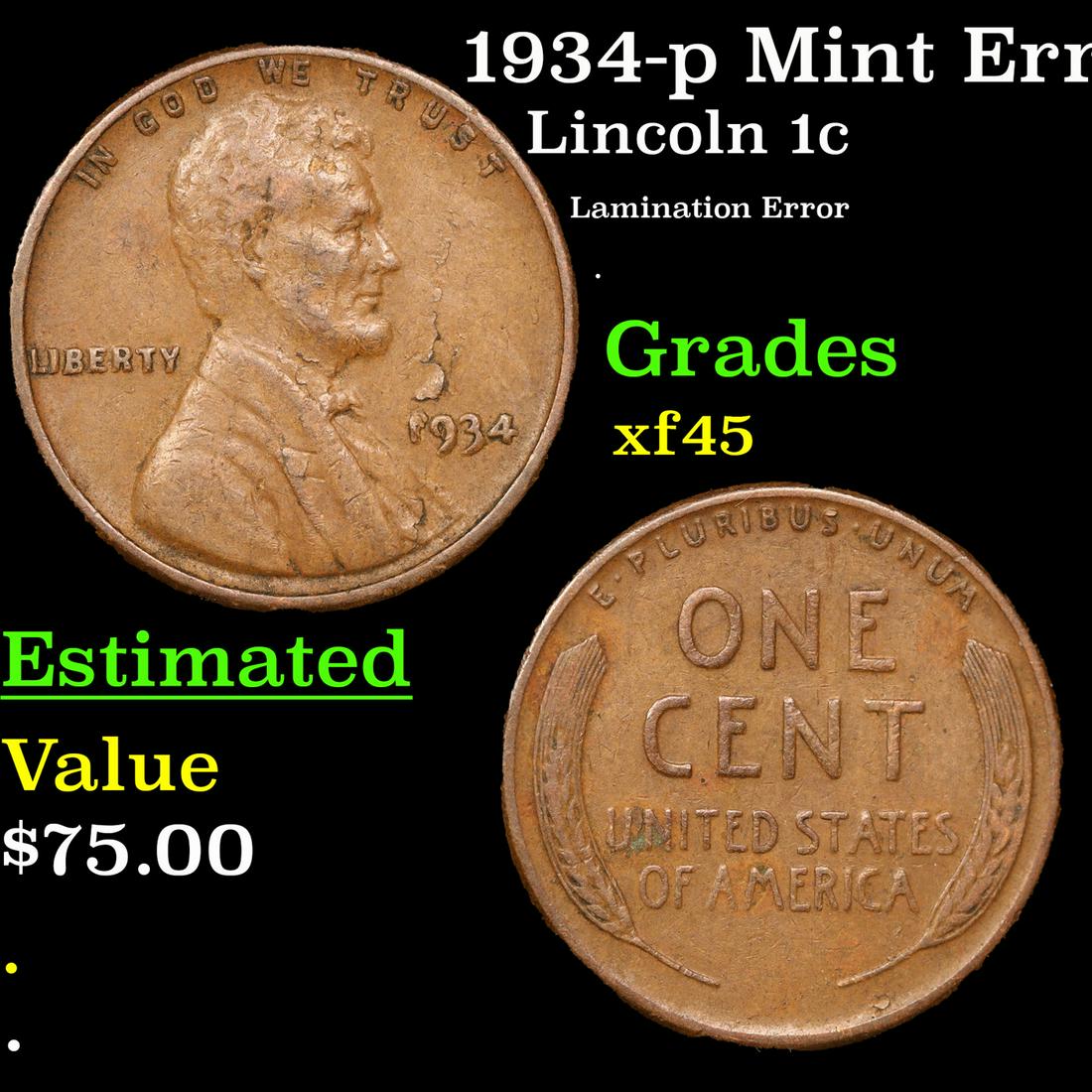 1934-p Lincoln Cent Mint Error 1c Grades xf+ (1 of 3)