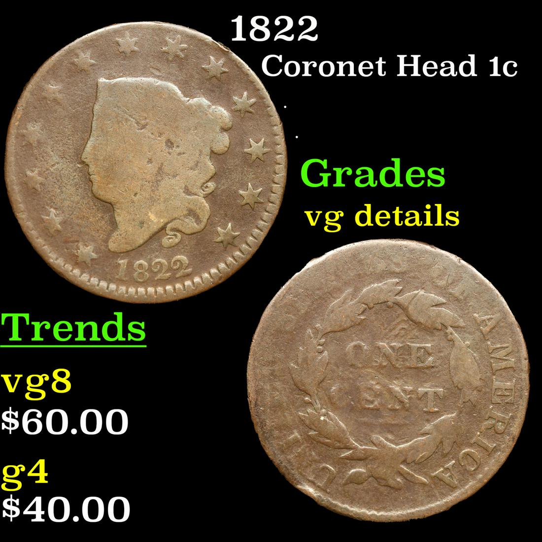 1822 Coronet Head Large Cent 1c Grades vg details (1 of 3)