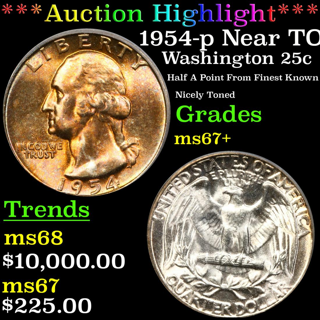 ***Auction Highlight*** 1954-p Washington Quarter Near TOP POP! 25c Graded ms67+ By ICG (fc) (1 of 5)
