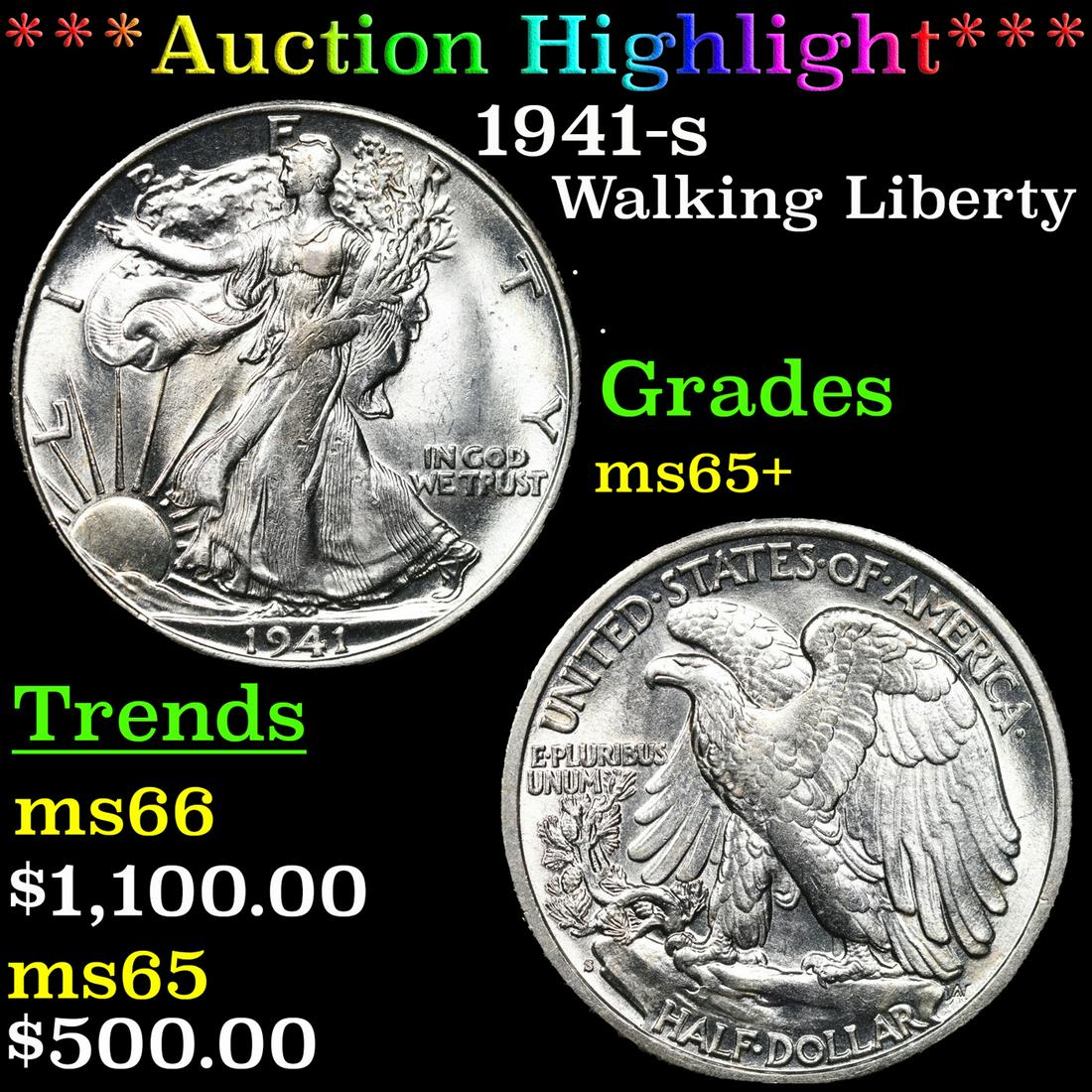 ***Auction Highlight*** 1941-s Walking Liberty Half Dollar 50c Graded ms65+ By SEGS (fc) (1 of 3)