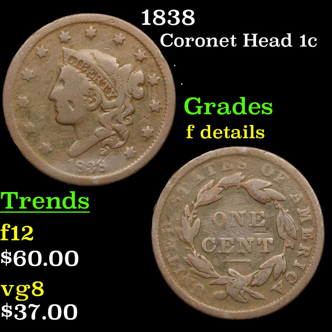 1838 Coronet Head Large Cent 1c Grades f details (1 of 3)
