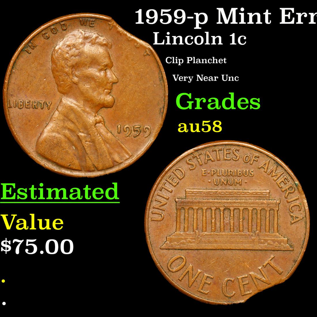 1959-p Lincoln Cent Mint Error 1c Grades Choice AU/BU Slider (1 of 3)