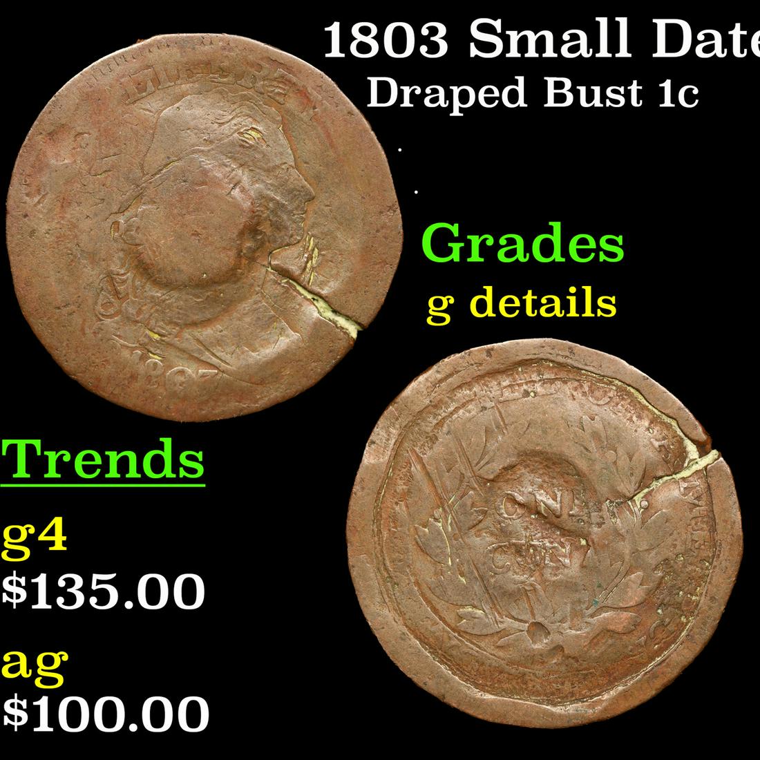 1803 Small Date Draped Bust Large Cent 1c Grades g details (1 of 3)