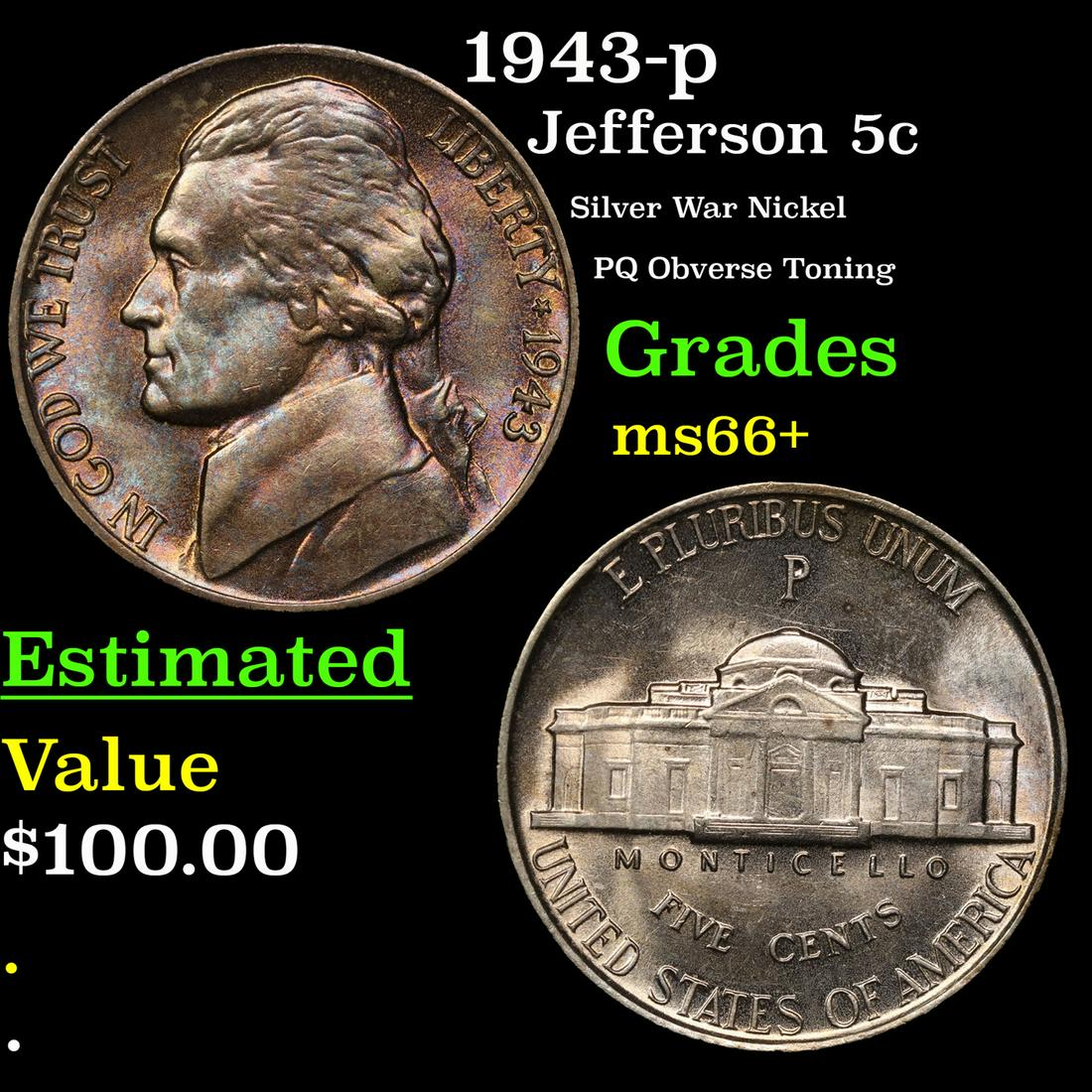 1943-p Jefferson Nickel 5c Grades GEM++ Unc (1 of 3)