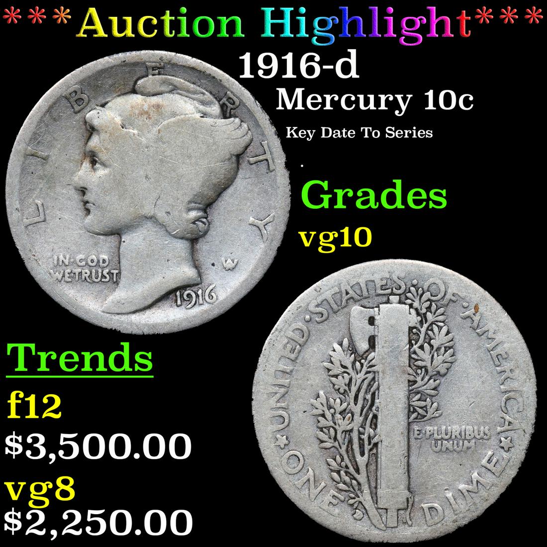 ***Auction Highlight*** 1916-d Mercury Dime 10c Graded vg10 By SEGS (fc) (1 of 3)