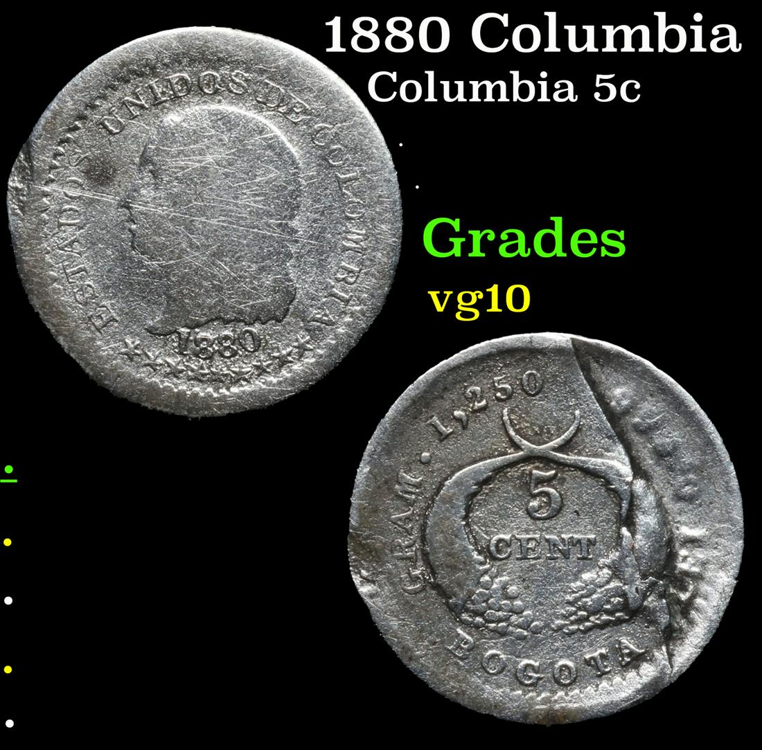 1880 Columbia 5 Centavos 5c KM-174.a1 Grades vg+ (1 of 3)