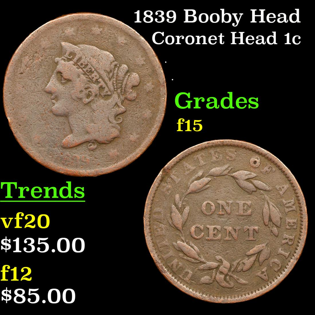 1839 Booby Head Coronet Head Large Cent 1c Grades f+ (1 of 3)