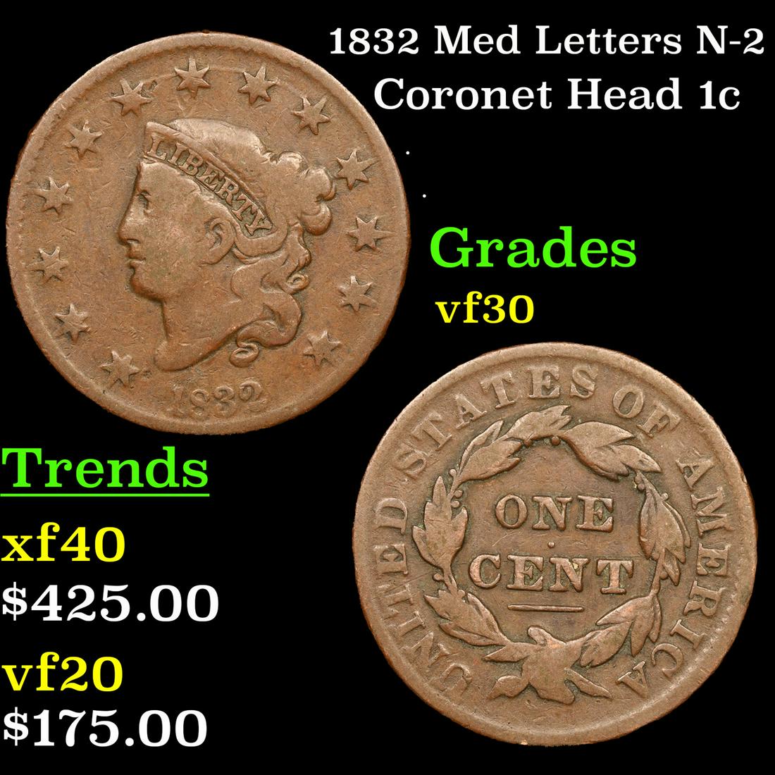 1832 Med Letters Coronet Head Large Cent N-2 1c Grades vf++ (1 of 3)