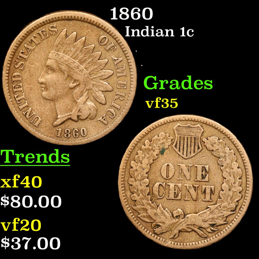 1860 Indian Cent 1c Grades vf++ (1 of 3)