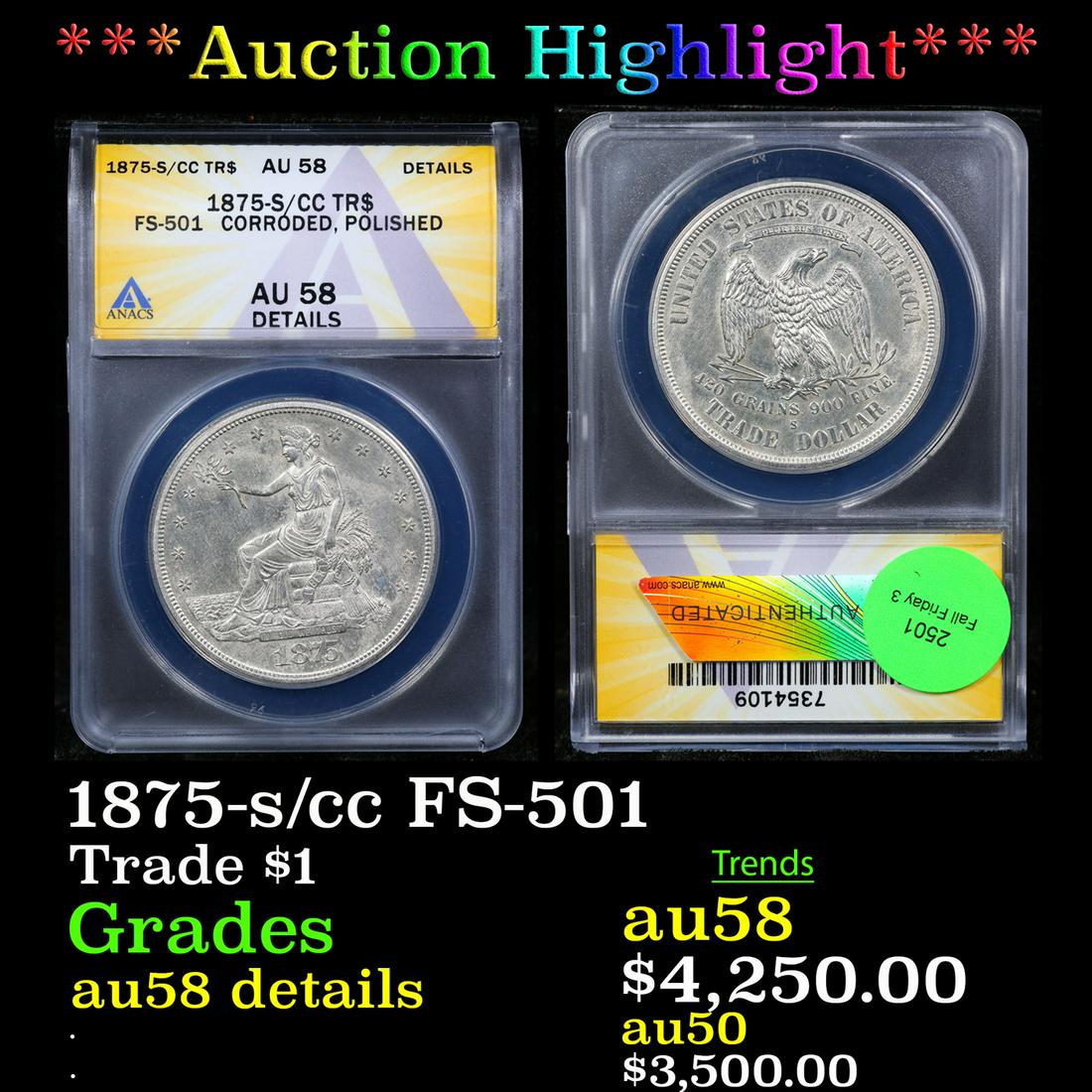 ***Auction Highlight*** ANACS 1875-s/cc Trade Dollar FS-501 $1 Graded au58 details By ANACS (fc) (1 of 3)