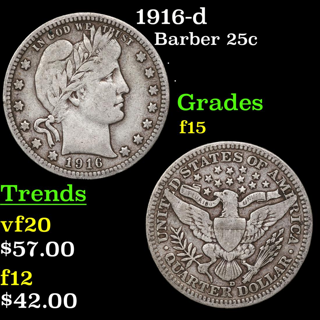 1916-d Barber Quarter 25c Grades f+ (1 of 3)