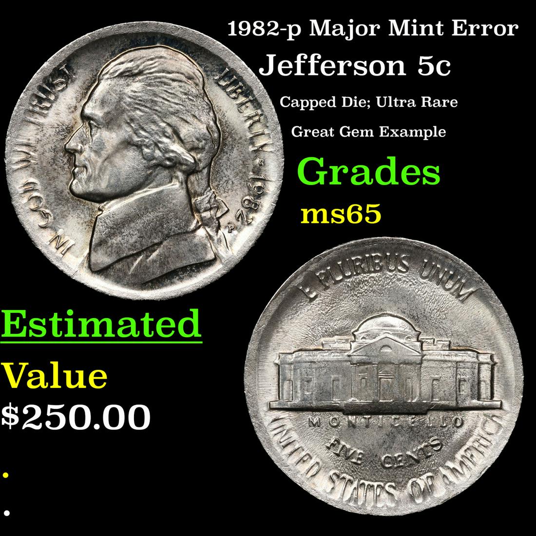 1982-p Jefferson Nickel Major Mint Error 5c Grades GEM Unc (1 of 3)