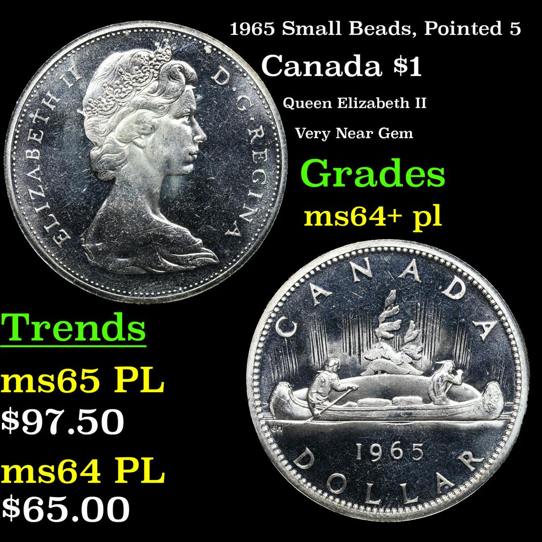 1965 Small Beads, Pointed 5 Canada Dollar $1 Grades Choice Unc+ PL (1 of 3)