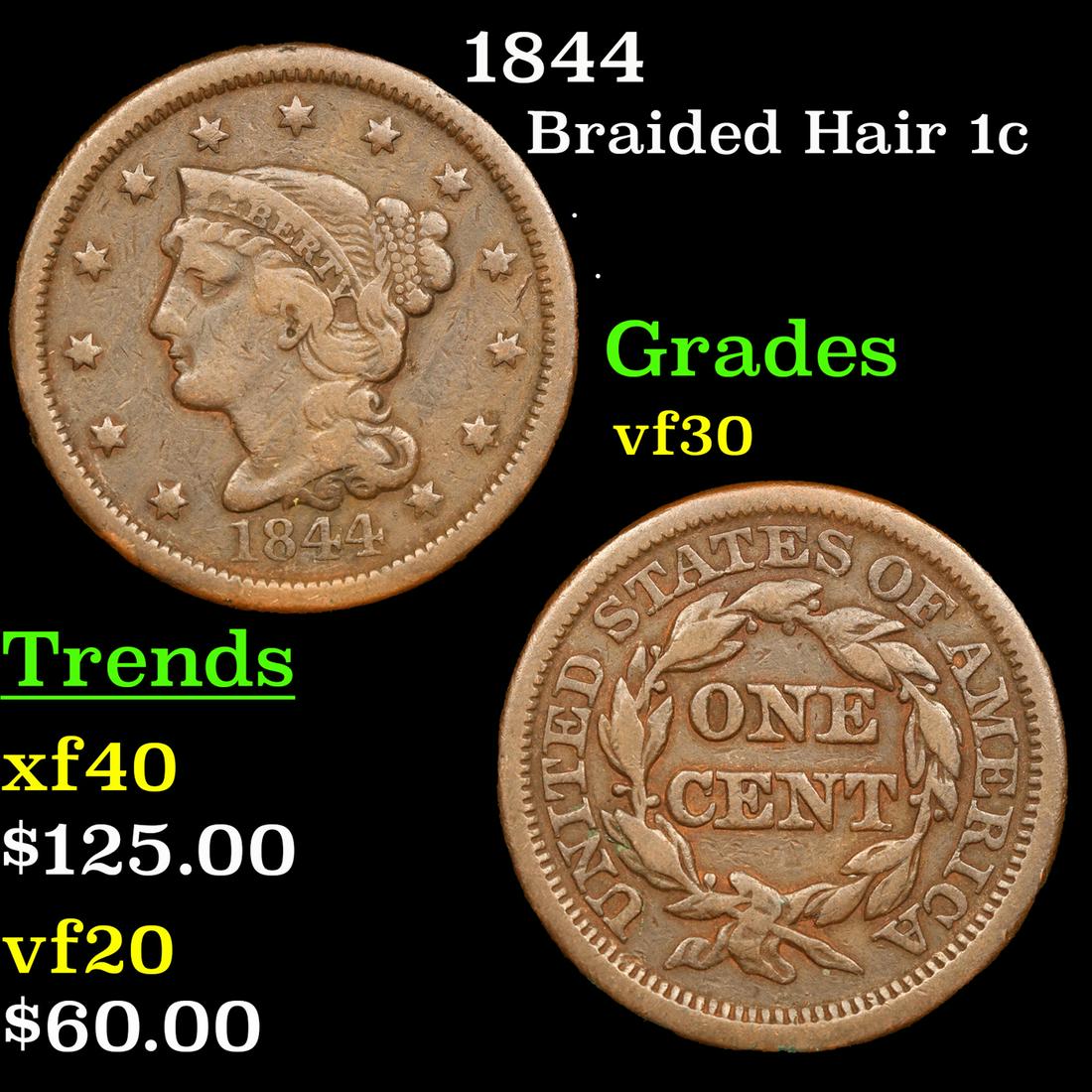 1844 Braided Hair Large Cent 1c Grades vf++ (1 of 3)