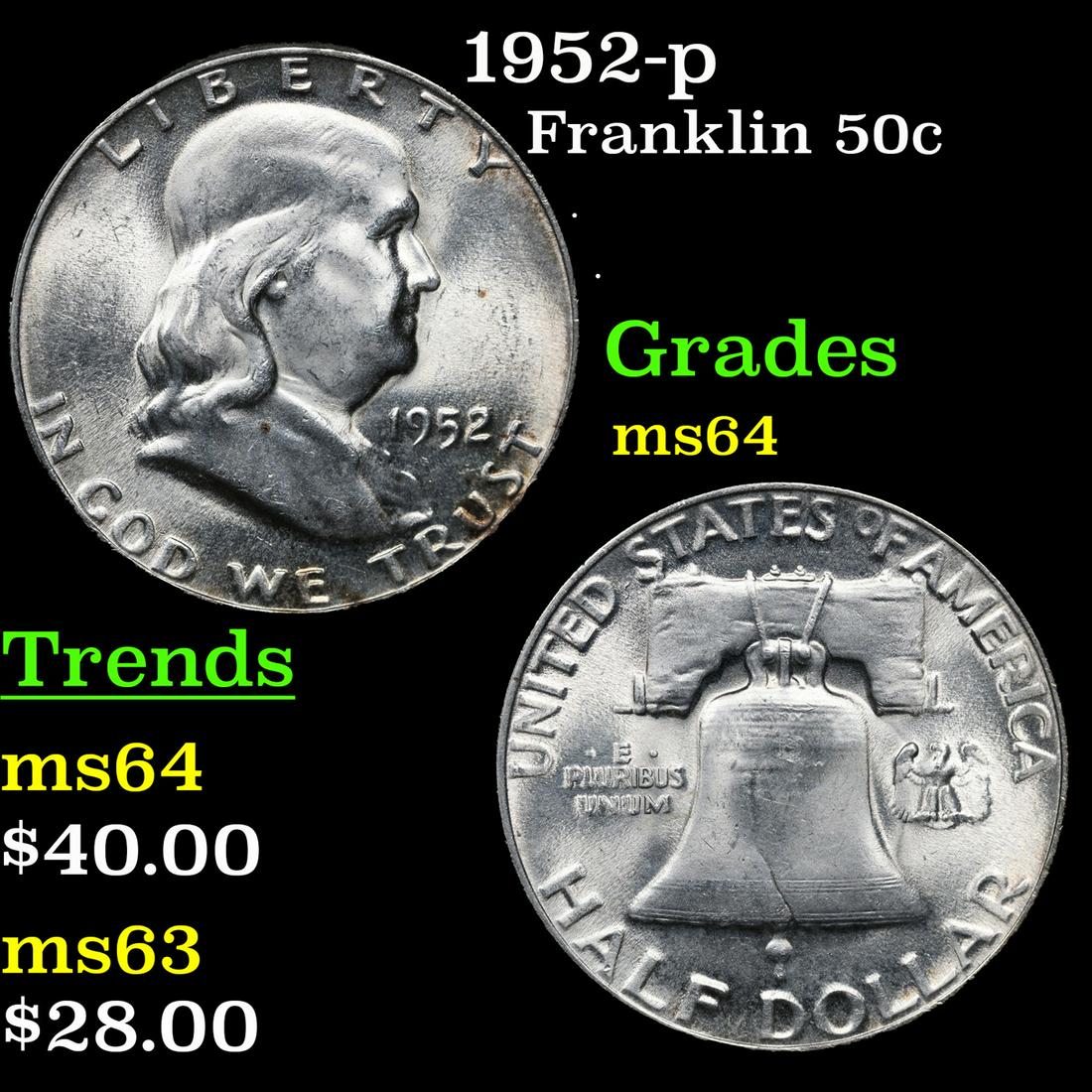 1952-p Franklin Half Dollar 50c Grades Choice Unc (1 of 3)