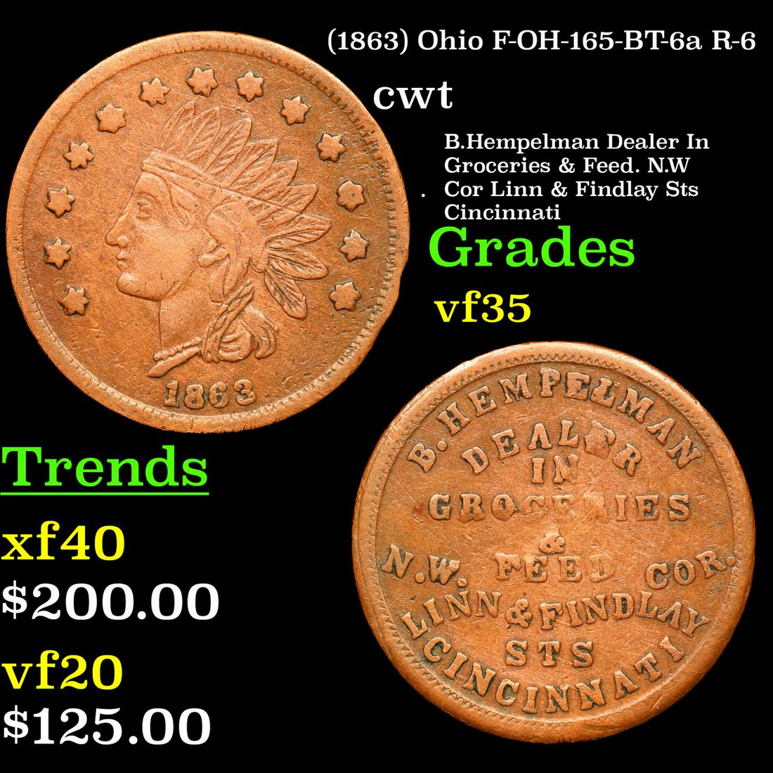 (1863) Ohio Civil War Token F-OH-165-BT-6a R-6 1c Grades vf++ (1 of 3)