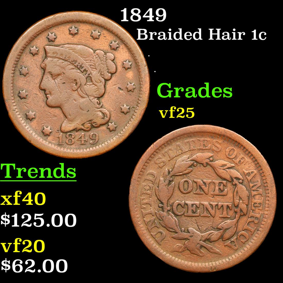 1849 Braided Hair Large Cent 1c Grades vf+ (1 of 3)