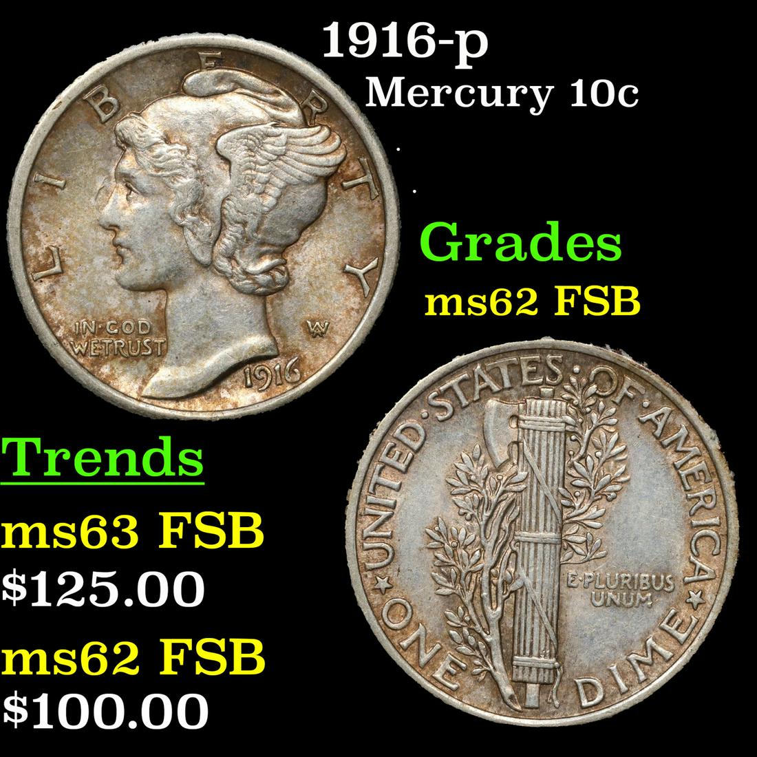 1916-p Mercury Dime 10c Grades Select Unc FSB (1 of 3)