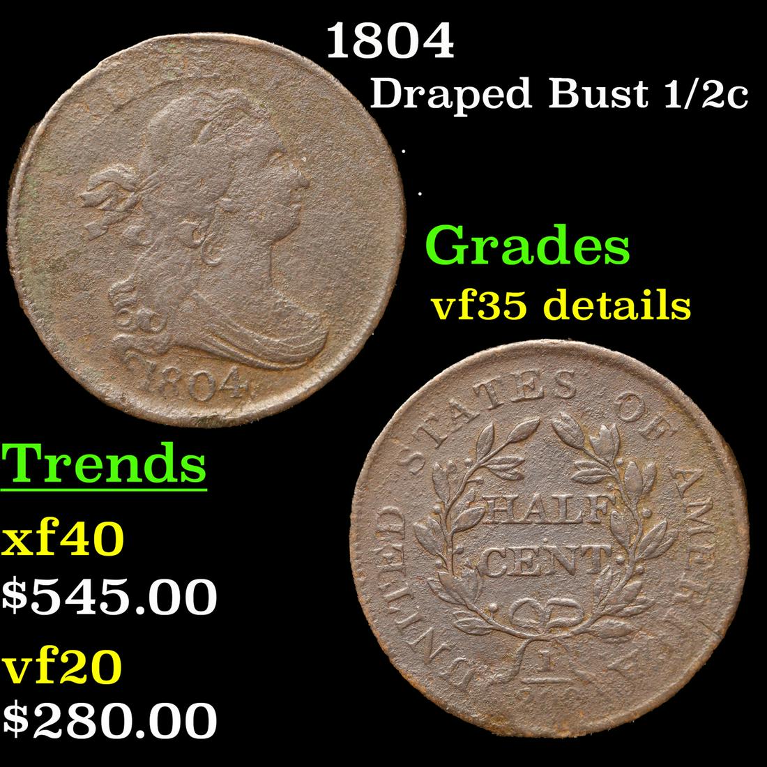 1804 Draped Bust Half Cent 1/2c Grades vf35 details By SEGS (1 of 3)